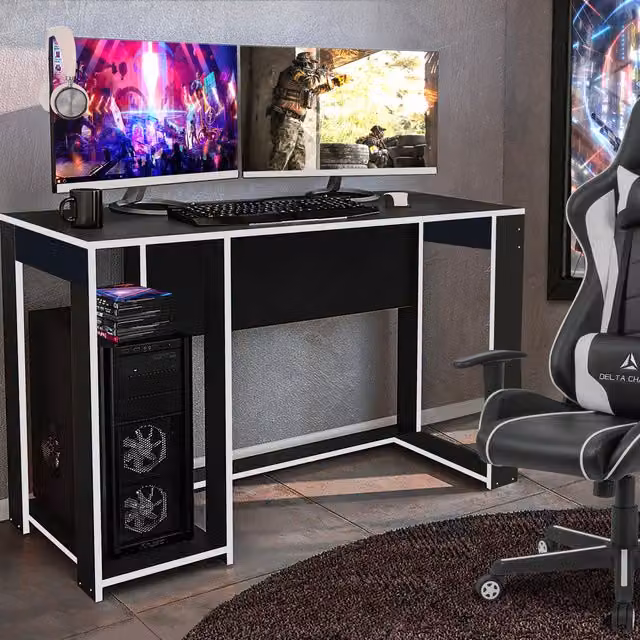 GRS Ross Gaming Desk Computer Workstation in Black with Bright Trim