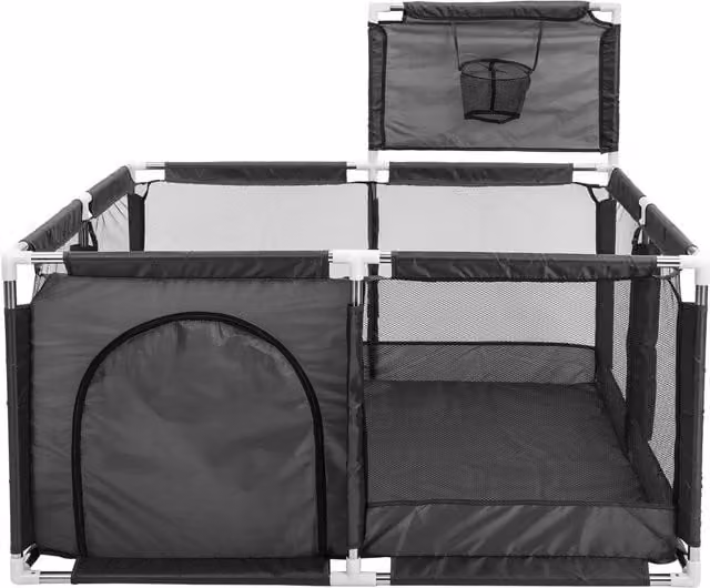 Dyzi Large Foldable Baby Playpen with Basketball Hoop, Black, W/D/H: 126 x 126 x 66 cm