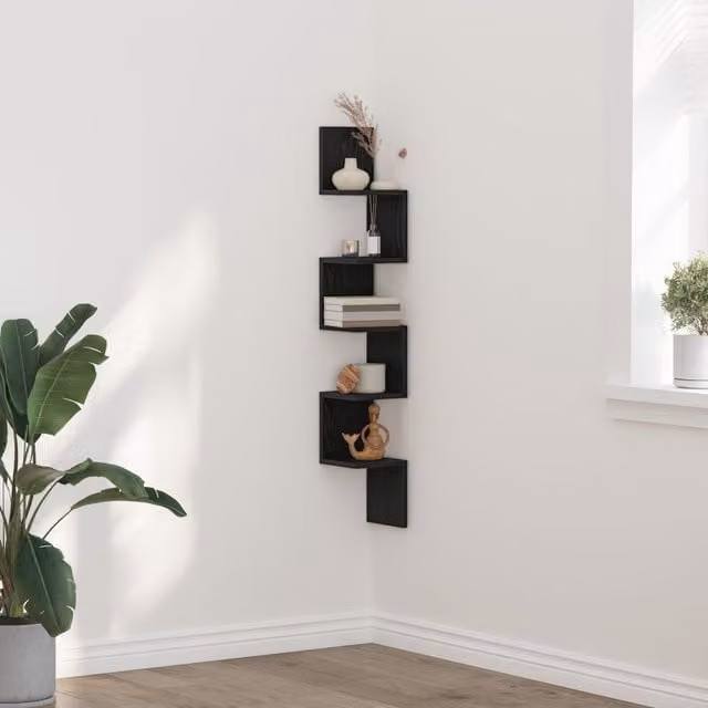 Berkfield Home Wall Mounted Corner Shelf in Black Oak, W/D/H: 20 x 20 x 127.5 cm