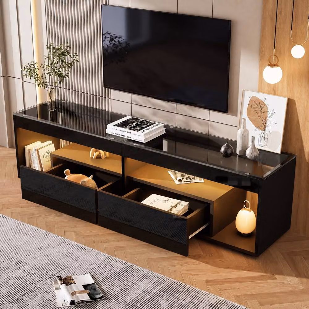 Merax Black High Gloss LED TV Stand with Glass Tabletop for TVs up to 80 Inch – 2