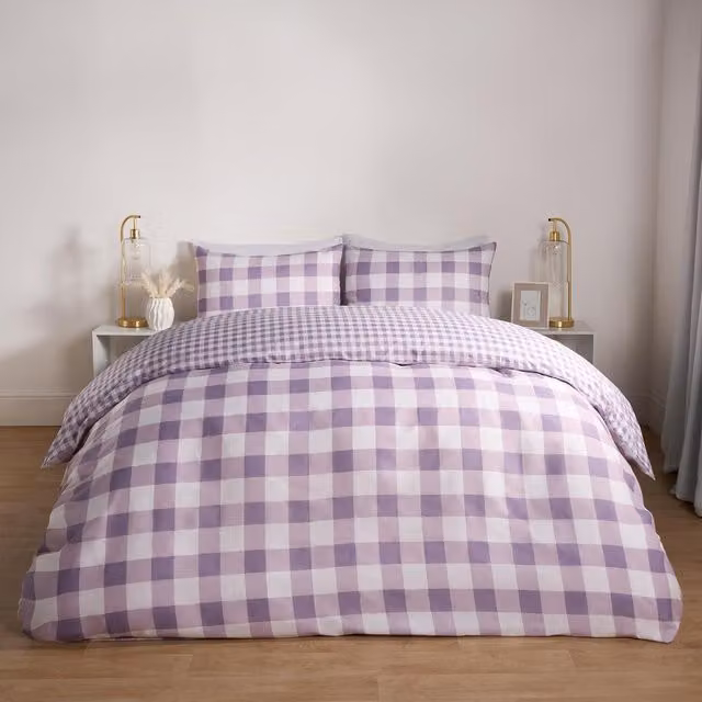 OHS Purple Checked Gingham Duvet Cover and Pillowcase Set, Single, W: 90 cm, L: 200 cm