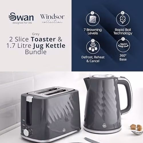Swan Windsor Kitchen Set in Grey featuring 1.7L Fast Boil Kettle and 2 Slice Toaster – 2
