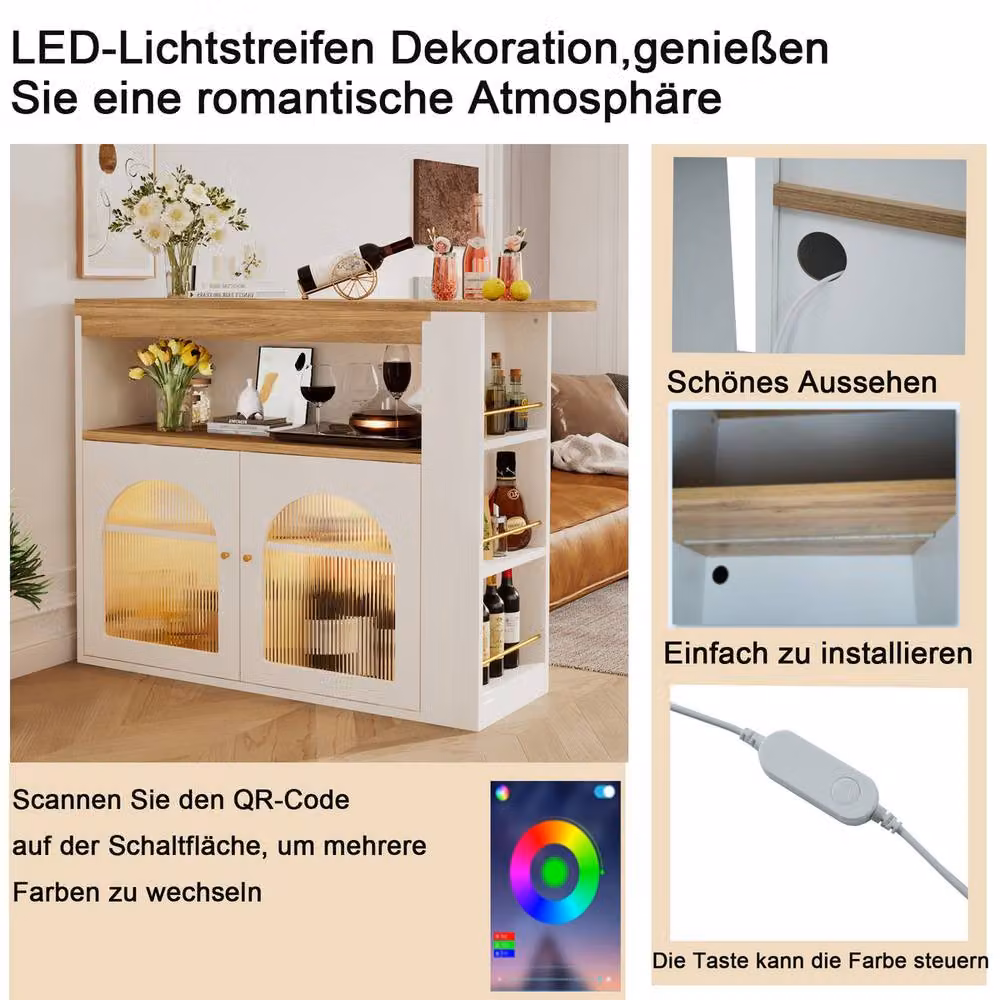 Rolipo Extendable Swivel Kitchen Island Bar Table with LED Storage in White – 2