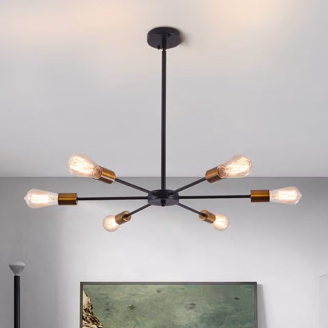 NIVOR 6-Light Sputnik Industrial Mid-Century Flush Mount Ceiling Chandelier in Black and Gold/Brass – 1