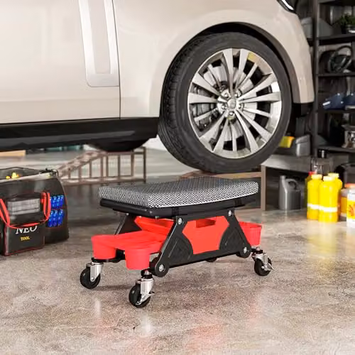 HOMCOM Rolling Mechanic Stool with Padded Creeper Seat, Black and Red – 7