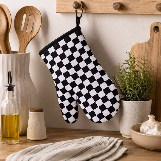 Orsina Check Mate Single Oven Glove in Black and White Cotton with Quilted Heat Protection – 2