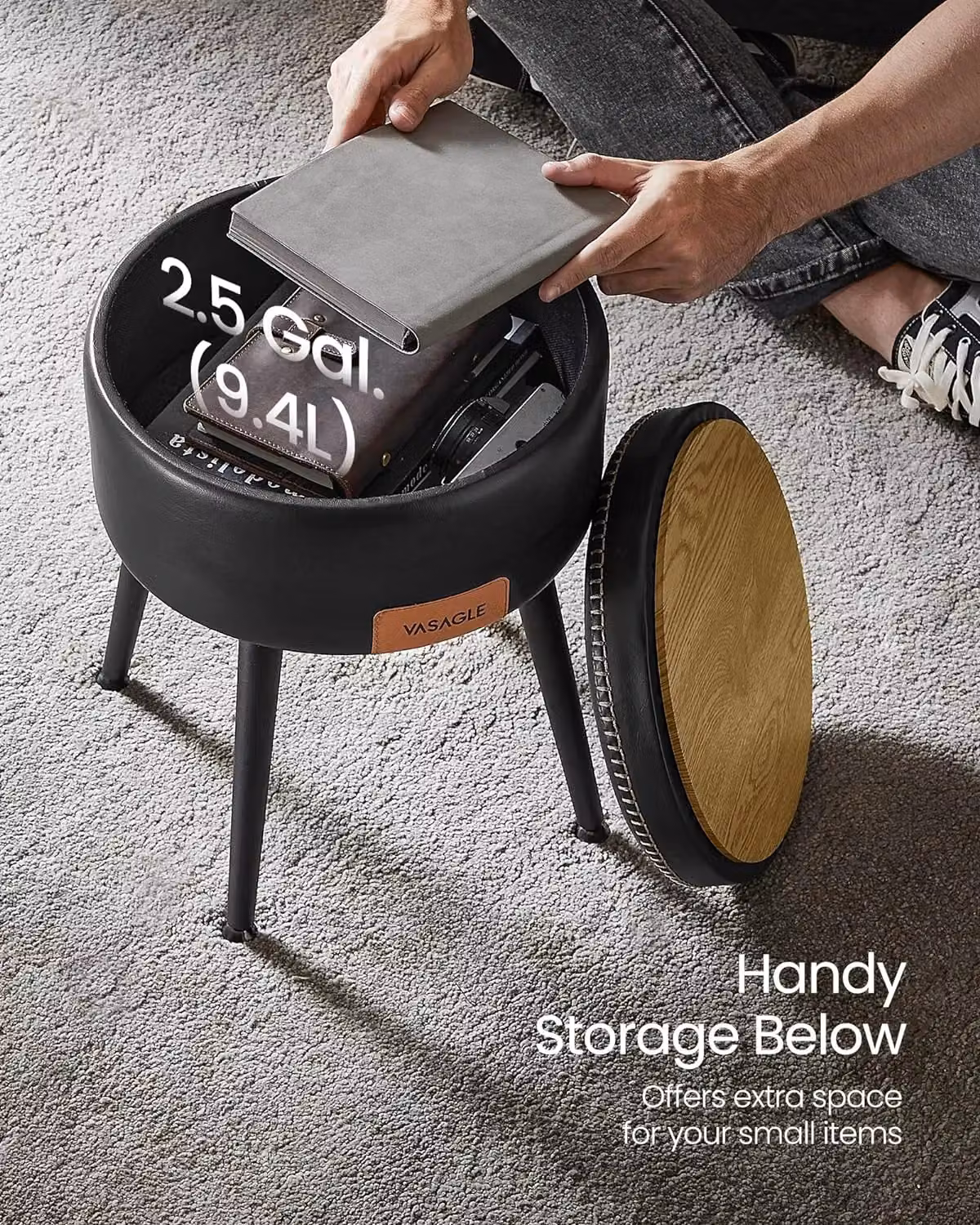 VASAGLE Round Storage Ottoman Dressing Stool in Black Synthetic Leather with Metal Legs – 3