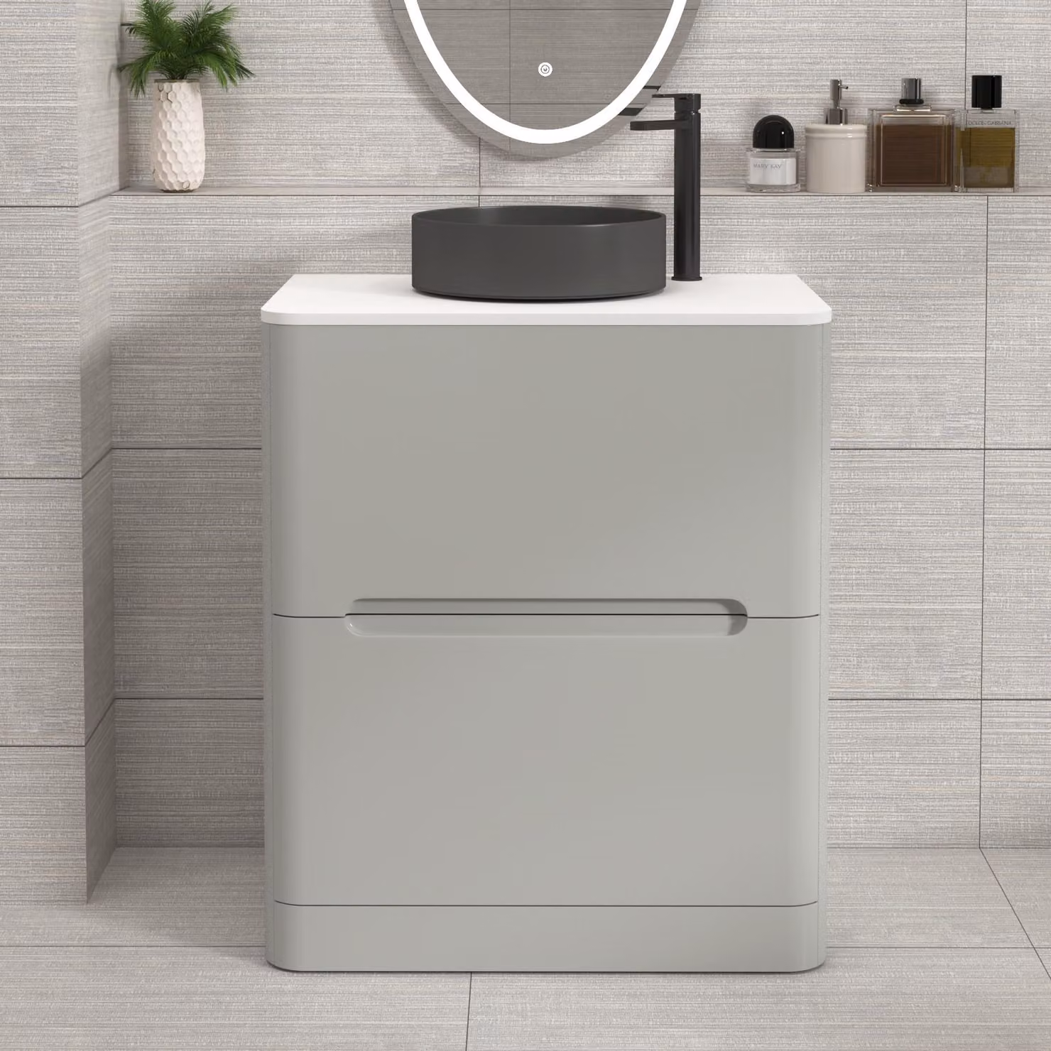 Royal Bathrooms Venice 700mm Floor Standing Vanity Unit in Dove Grey with 2 Drawers, Plain White Worktop and Art Deco Round Basin