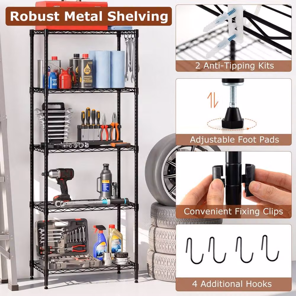 VOGREX 5-Tier Adjustable Metal Wire Shelving in Black – 3