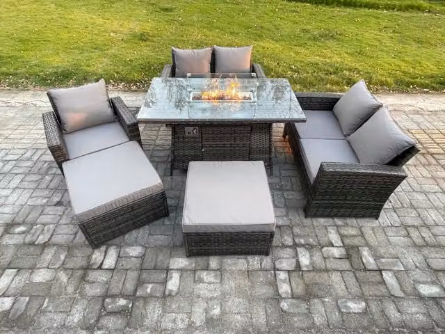 Fimous 7 Seater Grey Rattan Garden Furniture Set with Gas Fire Pit Dining Table, Double Sofa, Armchairs and 2 Footstools