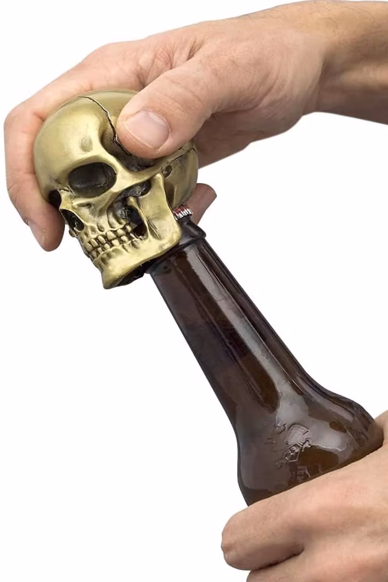 Suck UK Iron & Glory Skull Bottle Opener and Rock On Bottle Stopper Set in Gold