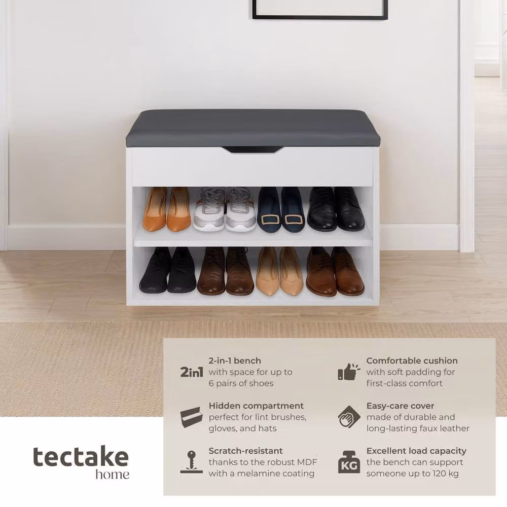 tectake Shoe Bench with 2 Open Shelves and Hidden Compartment in Grey and White with Faux Leather Seat Cushion, W/D/H: 120 x 30 x 43.5 cm – 2