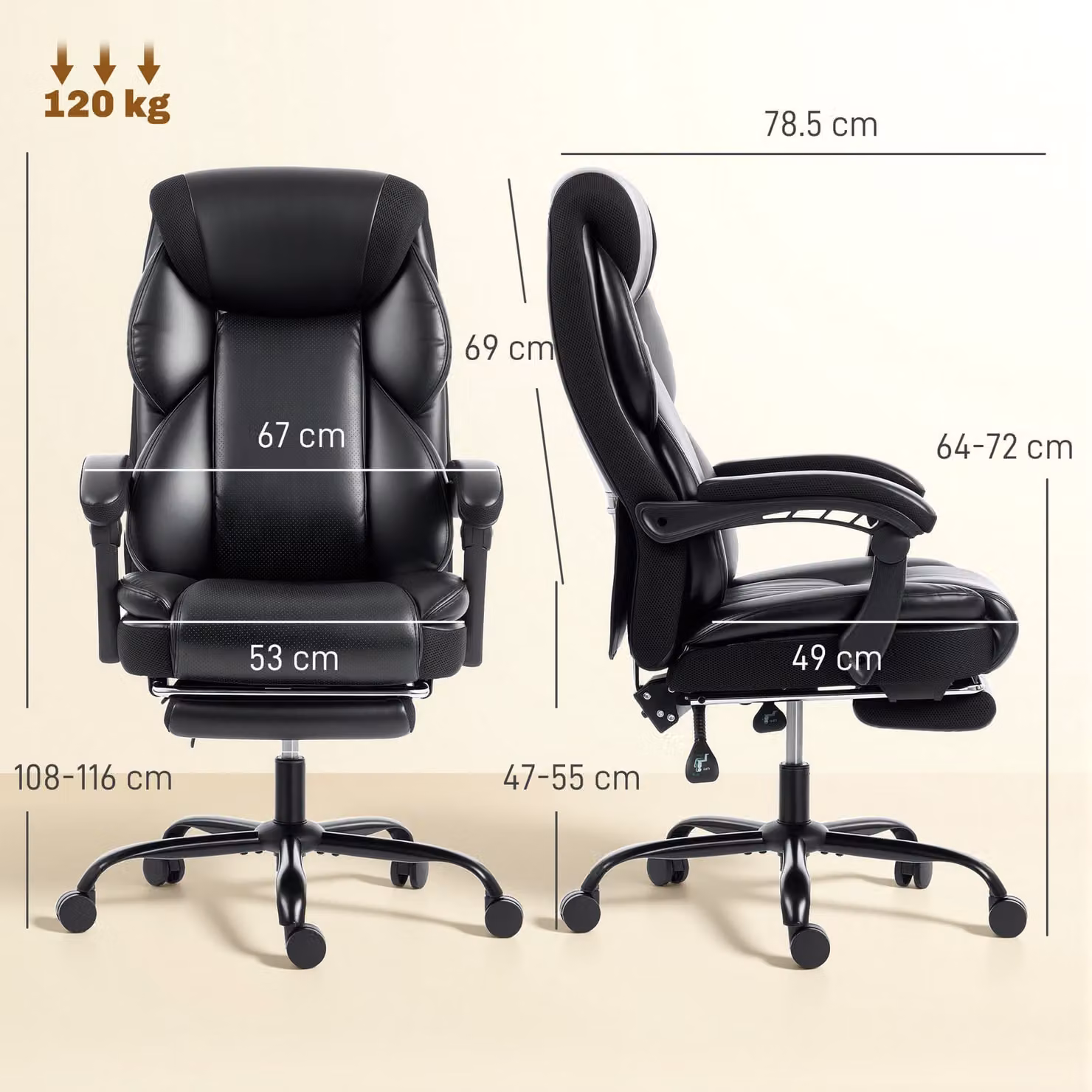 HOMCOM Black Adjustable Reclining Office Chair with Footrest, Armrests and Headrest – 3