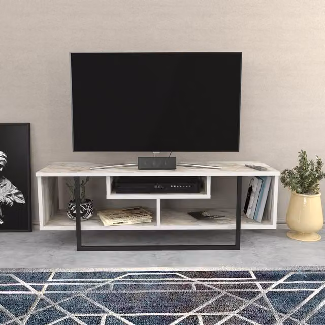 Asal TV Unit in White Marble Effect and Black, Width: 120 cm