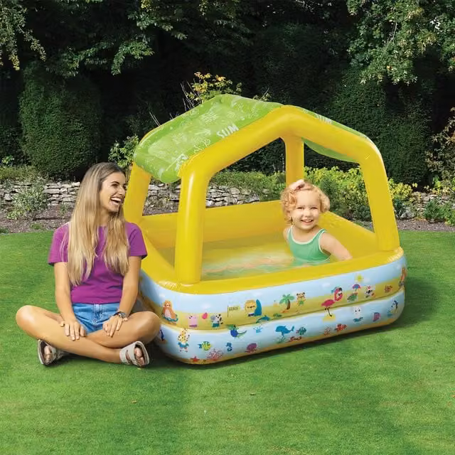 Sunshine Fun Club Inflatable Rectangular Paddling Pool with Removable Canopy in Multicolour