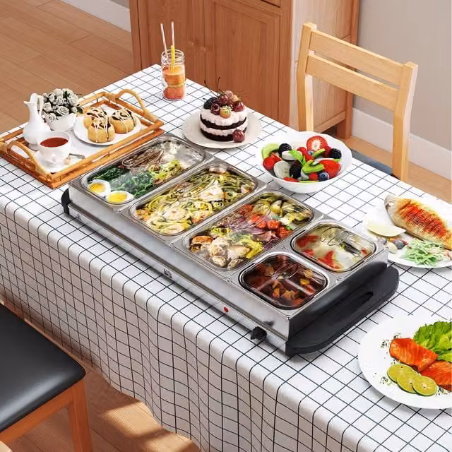 HOMCOM Electric 5 Tray Buffet Server Food Warmer with Lids, 9.2L, Silver Tone
