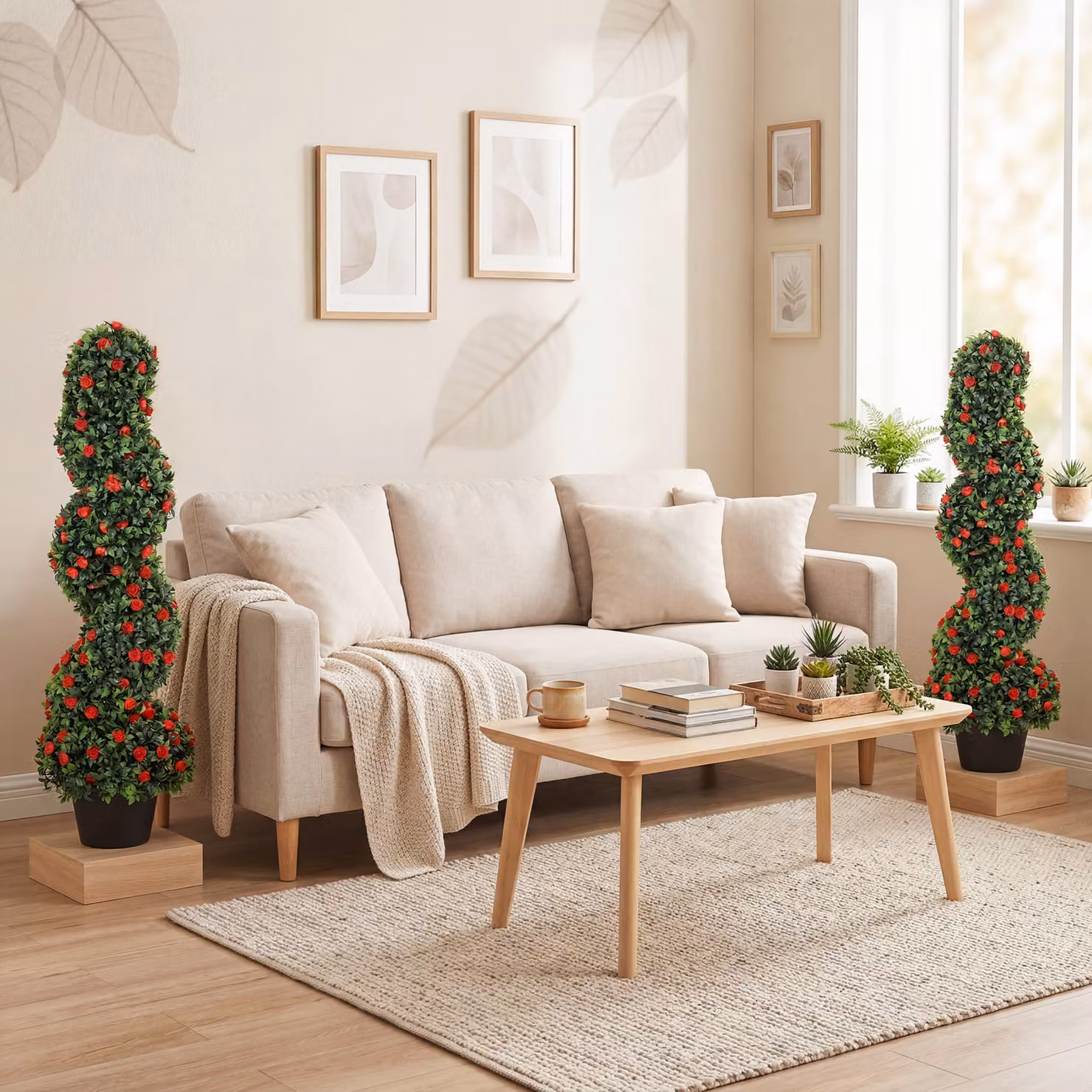 HOMCOM Set of 2 Red Artificial Rose Spiral Topiary Trees, Height: 90 cm – 9