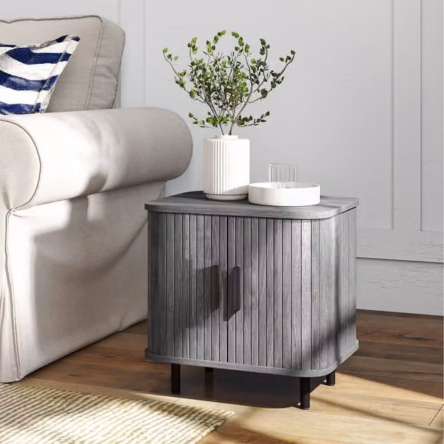 HOMCOM Nordic Bedside Table with Roller Shutter Style Sliding Doors in Grey
