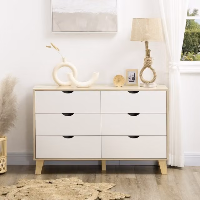 HOMCOM 6 Drawer Wide Chest of Drawers Storage Organiser Unit in White and Brown