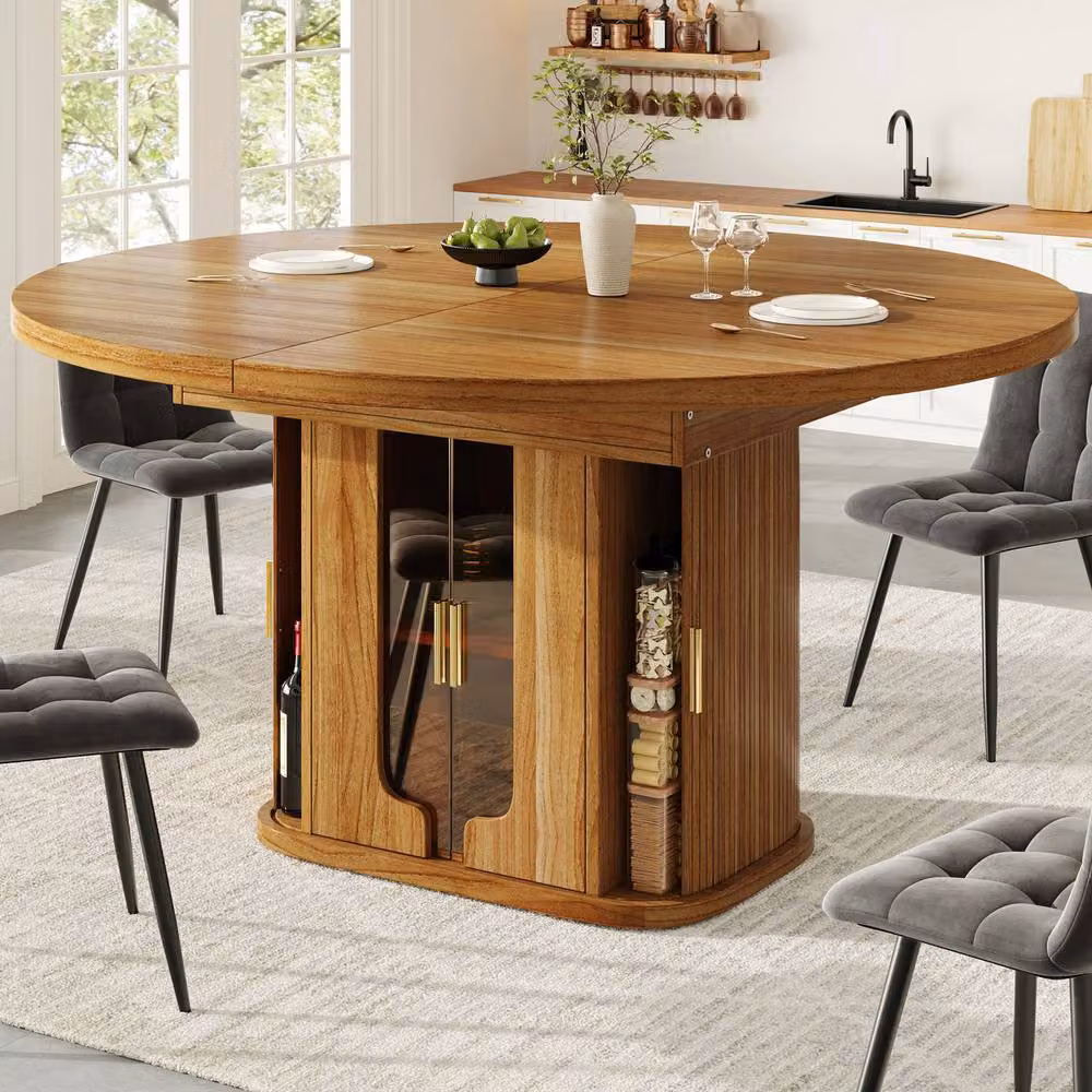 Rolipo Extendable Walnut Dining Table, Round to Oval, 6 Seater with Storage, Brown – 6