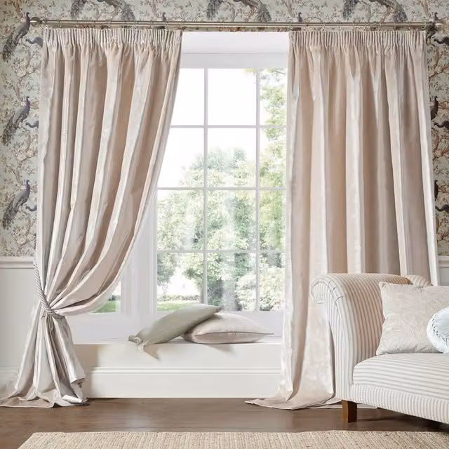 Laura Ashley Loretta Ready Made Pencil Pleat Velvet Curtains in Pale Truffle Brown and Beige, Thermal Insulating, Opaque