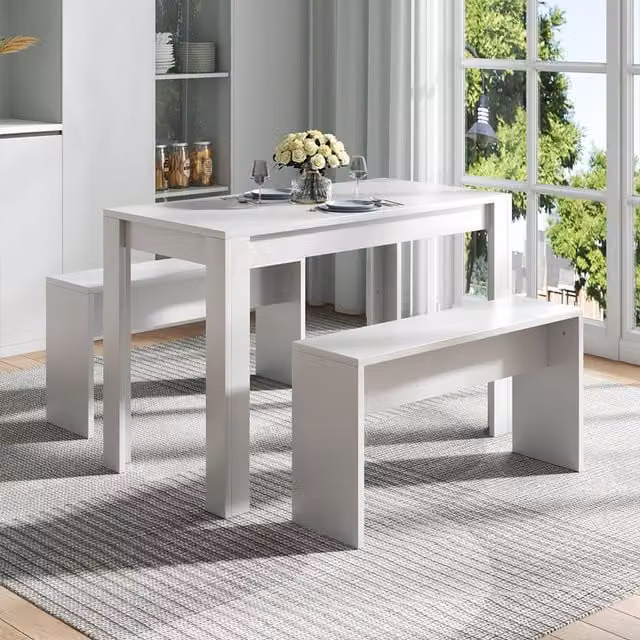 Livingandhome Modern White Rectangular Composite Dining Table and Benches Set