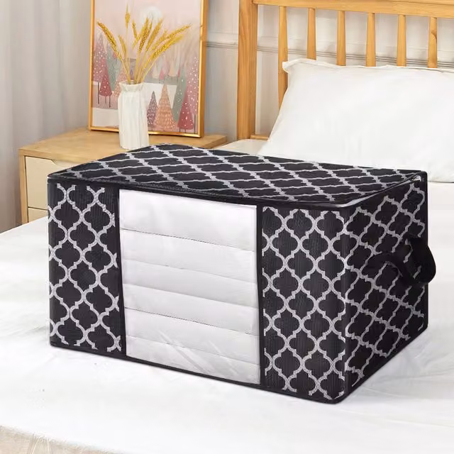 Livingandhome Foldable Fabric Clothes Storage Bag with Lid and Handles, Black, W/D/H: 60 x 40 x 35 cm