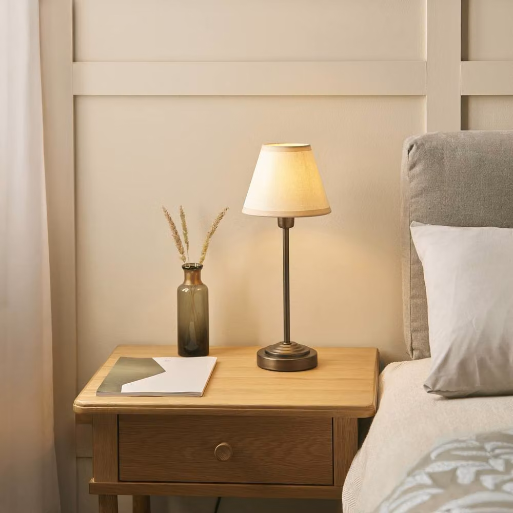 Netlighting Rise Bronze Plate Table Lamp with White Fabric Ivy Shade, E14, Diameter: 16 cm – 2
