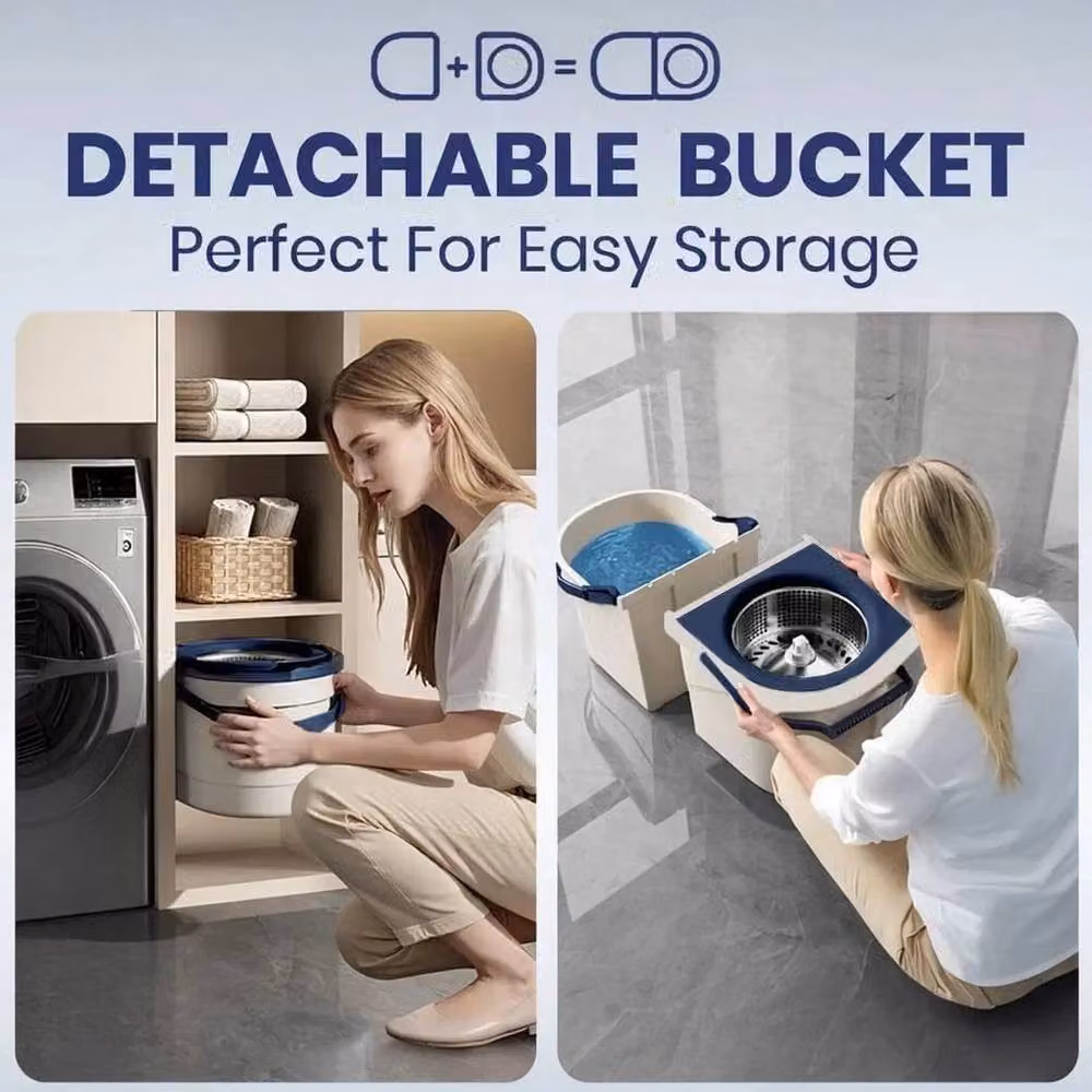 FLAVORA Cream and White Microfibre Spin Mop and Bucket Set with Wringer – 4