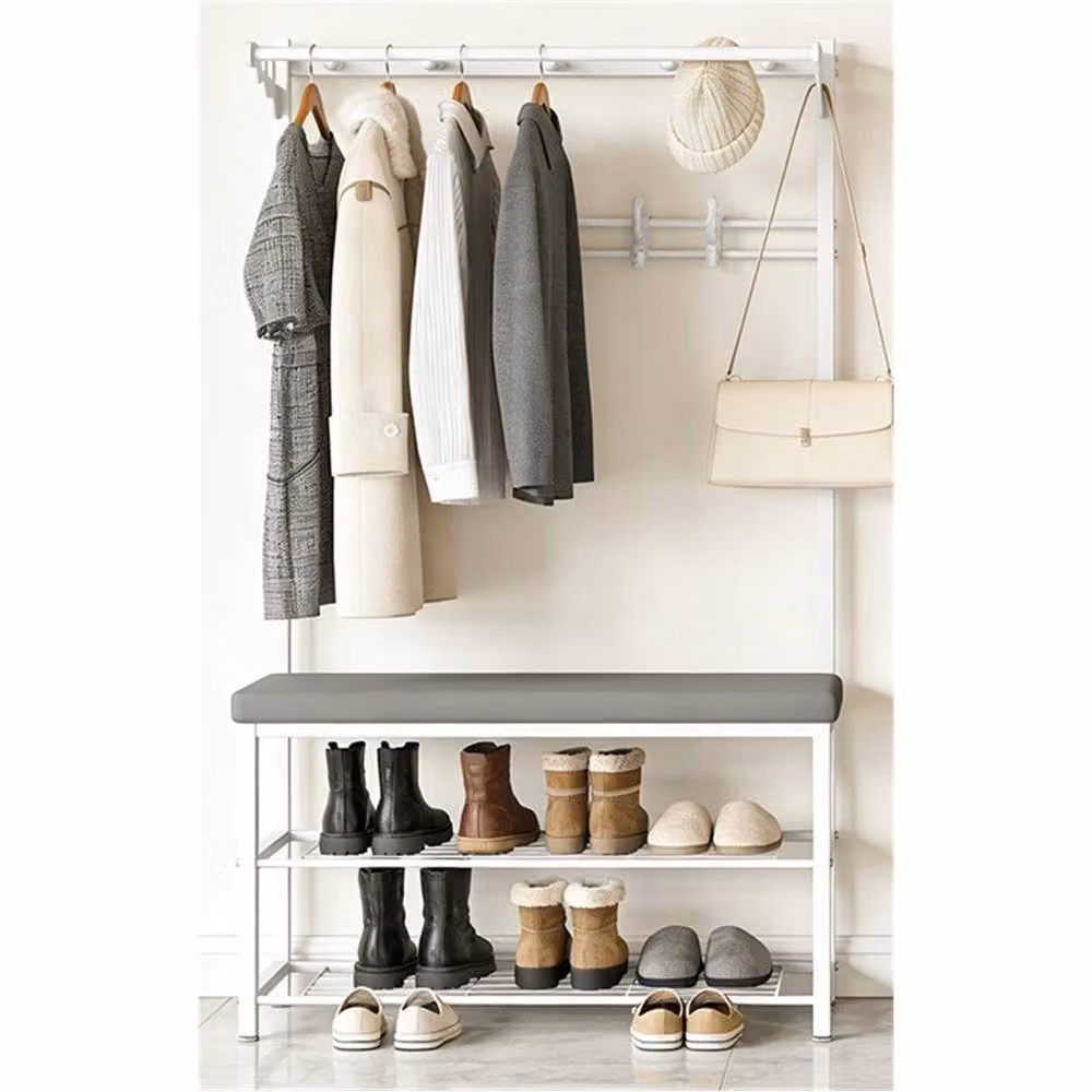 Nordara Modern Hall Tree with Padded Seat, Shoe Rack and Coat Hooks in White or Grey – 3