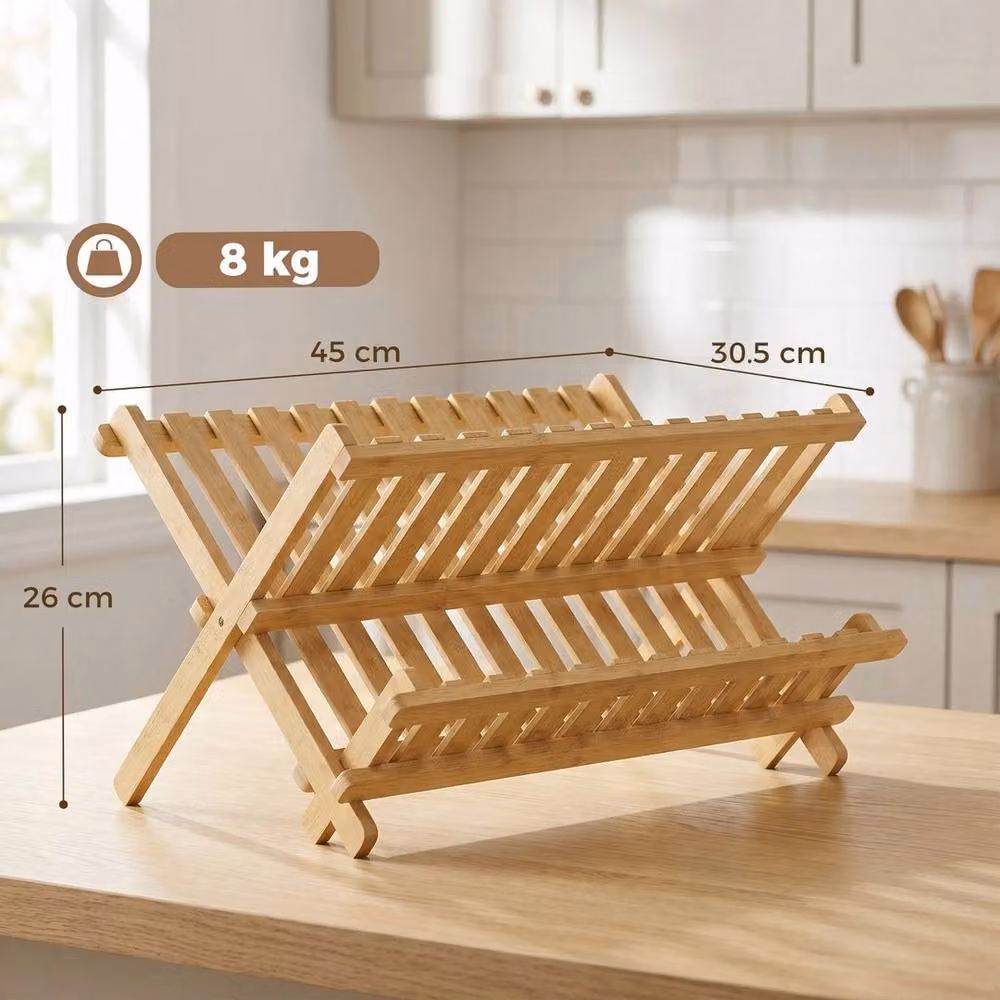 Kelvenix 2-Tier Bamboo Kitchen Storage Unit with Slatted Draining Shelves in Natural Brown and Beige, W/D/H: 45.0 x 30.5 x 26.0 cm – 2