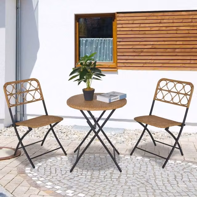 Outsunny 3 Piece Brown Rattan Wicker Bistro Set with Geometric Design