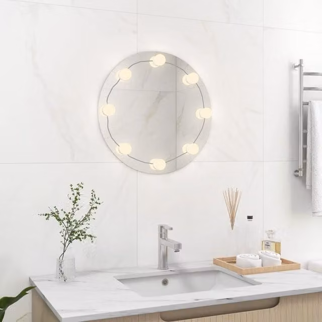 Berkfield Home Round Glass Wall Mirror with LED Lights in Silver – 1