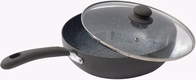 Durastone Grey Aluminium Non-Stick Ceramic Wok with Glass Lid, 28 cm