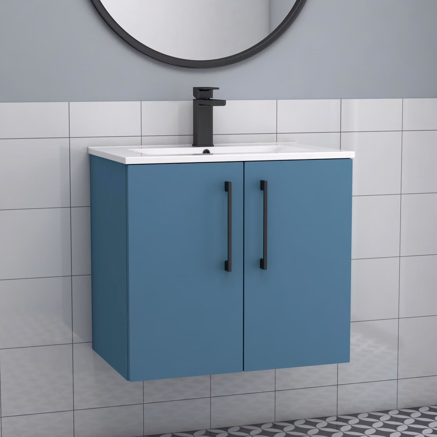 Royal Bathrooms Modena 800mm Wall Hung Vanity Unit in Satin Blue with 2 Doors and Black Handles