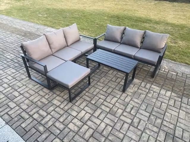 Fimous 4 Piece L-Shape Outdoor Garden Furniture Set in Dark Grey with Powder Coated Aluminium Frame, 3-Seater Sofa, 2-Seater Sofa, Coffee Table and Ottoman