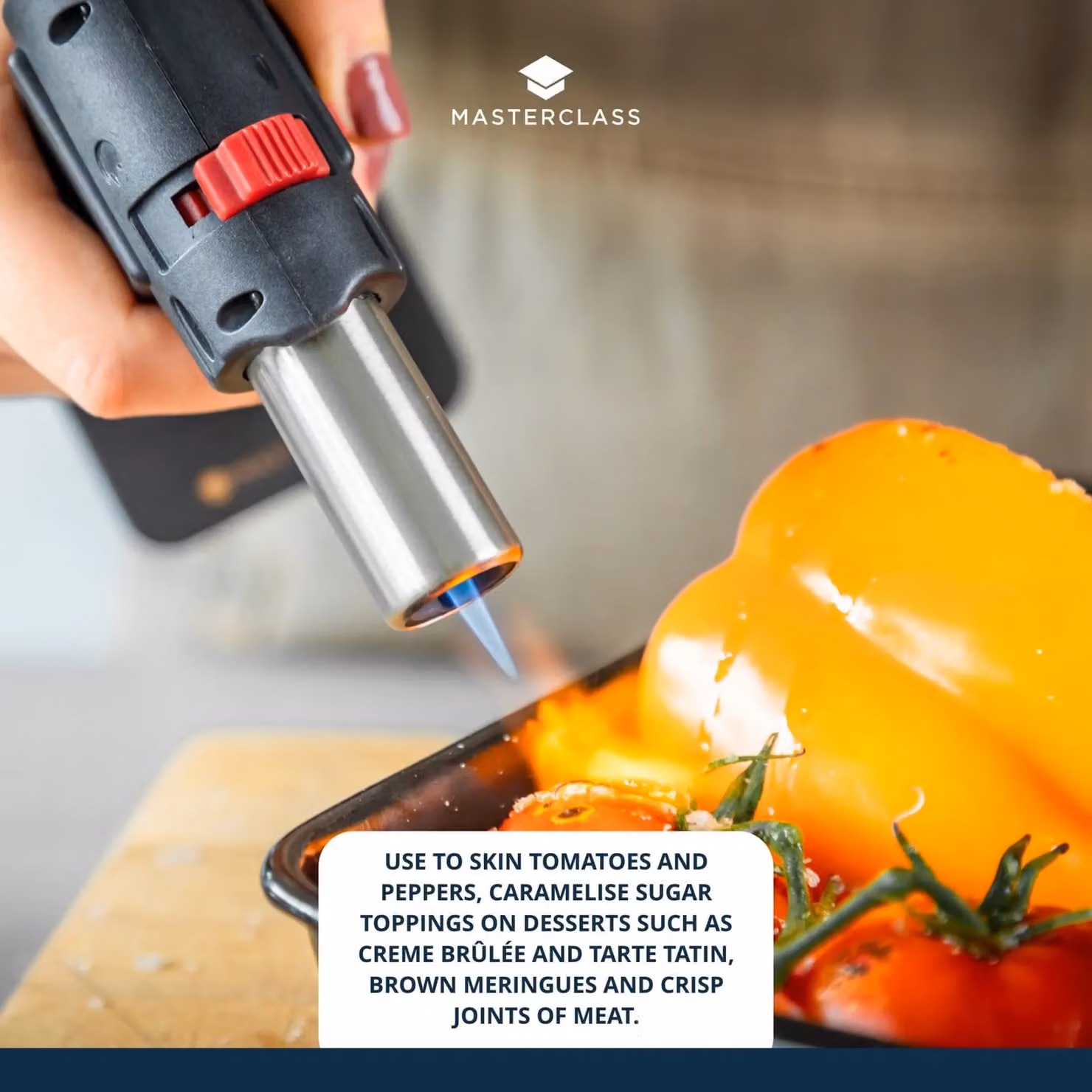 MasterClass Refillable Kitchen Gas Blow Torch with Adjustable Anti-flare Flame in Silver, Black and Red – 5