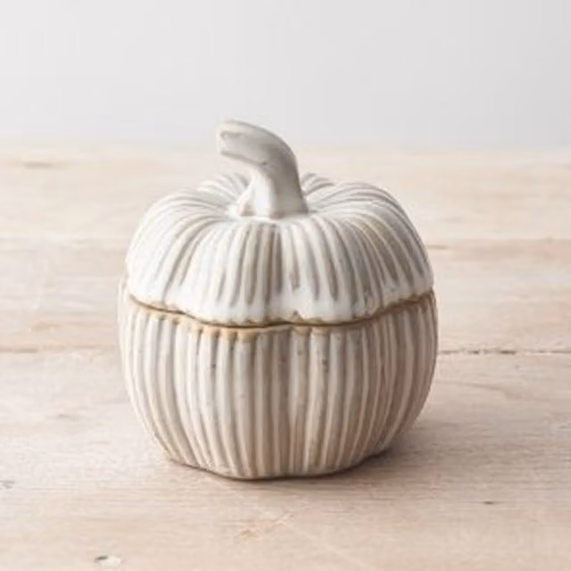 Little Cosy Home Small Pumpkin Shaped Ceramic Jar in Beige and White
