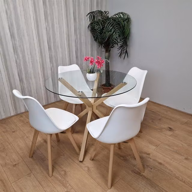 Kosy Koala Round Glass Dining Table Set with 4 White Plastic Chairs in Brown