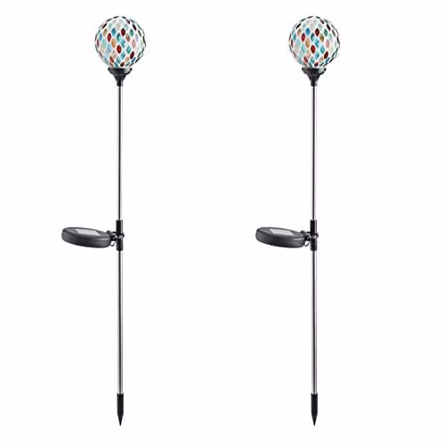 mysmartbuy Solar Mosaic Globe Stake Lights, 2 Pack, Multicolour Stainless Steel and Glass Garden Lighting, H75 x W9 cm