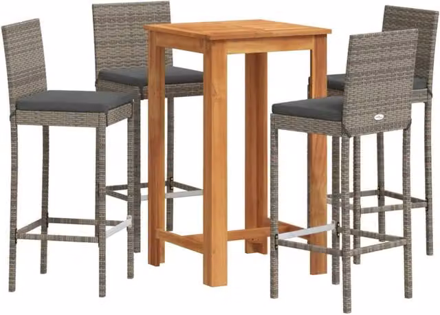 Berkfield Home 5 Piece Modern Garden Bar Set in Grey Acacia Wood and Poly Rattan
