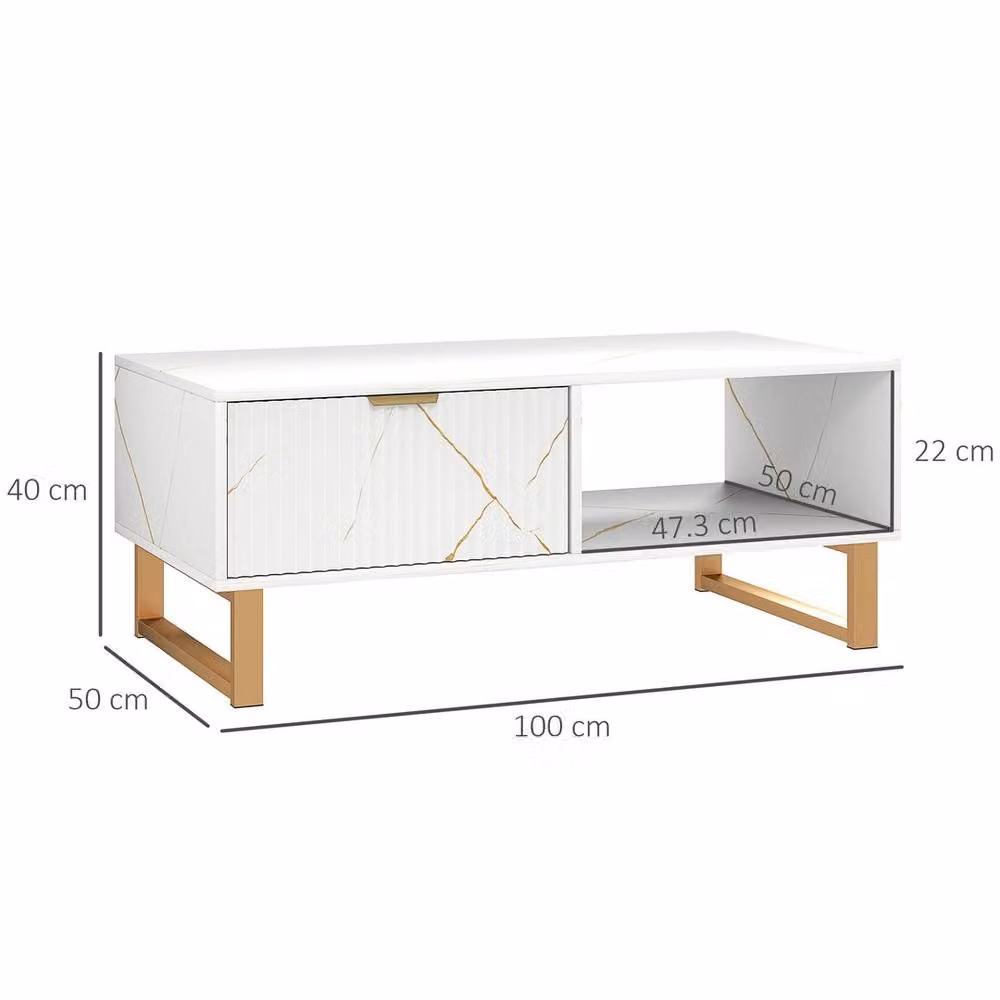 Kelvenix Modern Marble-Effect Coffee Table in White and Gold – 2