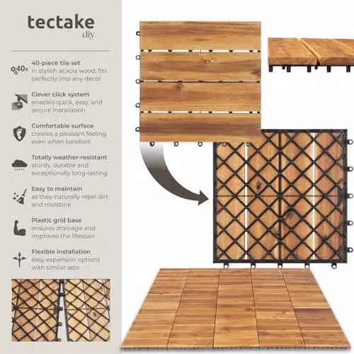 tectake 40-Piece Brown Wooden Decking Tile Set with Click System, 31 x 31 cm per Tile – 2