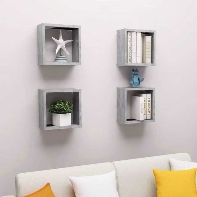 Berkfield Home Wall Mounted Cube Shelves, 4 Piece Set in Concrete Grey, W/D/H: 30 x 15 x 30 cm