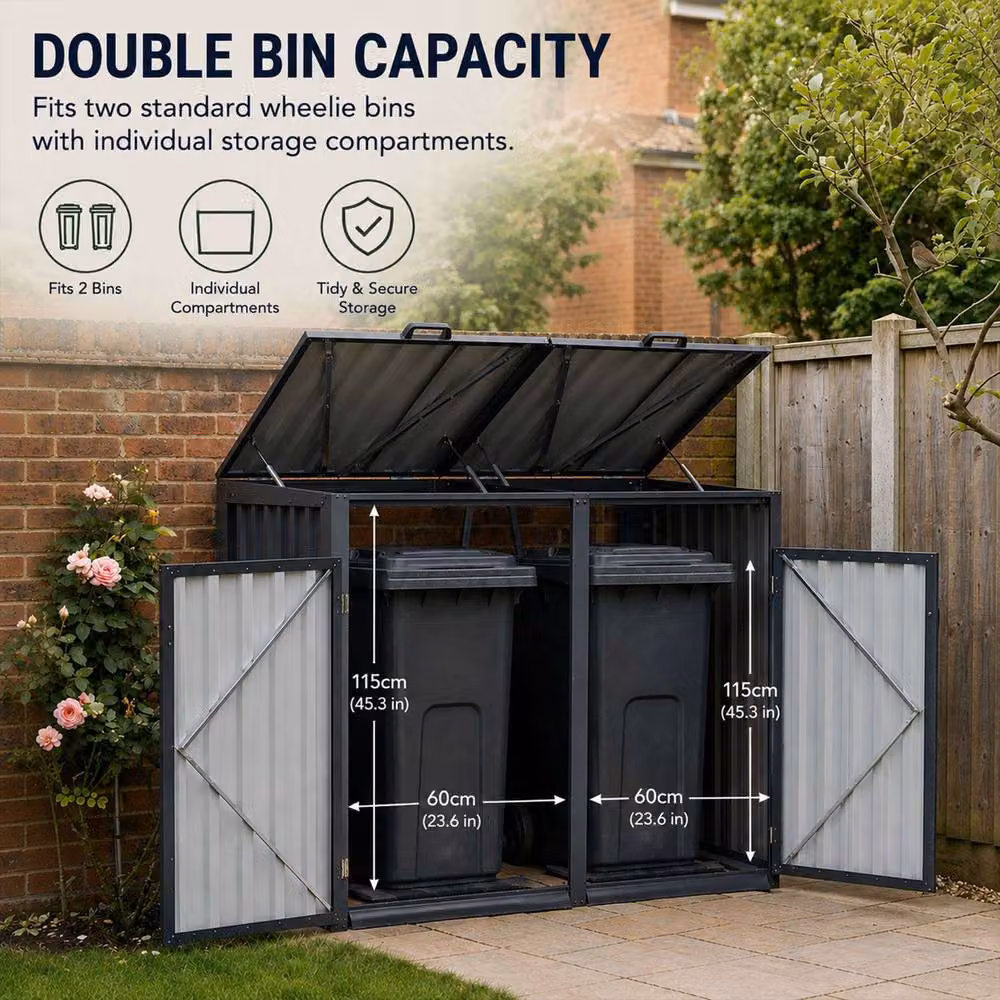 Nicoman Outdoor Metal Double Wheelie Bin Storage Shed in Anthracite Grey – 4