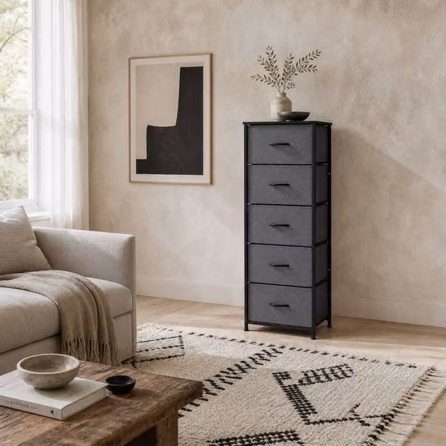 Wyld Haus Ralora 5 Drawer Dresser in Dark Grey Fabric with Steel Frame