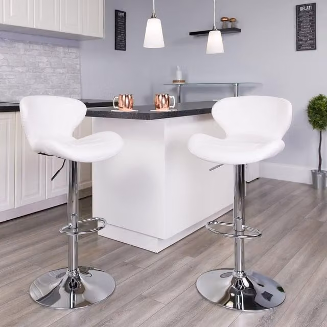 FWStyle Set of 2 White Faux Leather Adjustable Swivel Bar Stools with Chrome Metal Base – 1