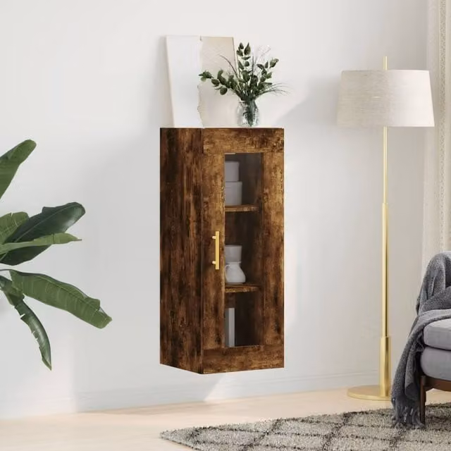 Berkfield Home Wall Mounted Cabinet in Smoked Oak Brown with Glass Doors, W/D/H: 34.5 x 34 x 90 cm