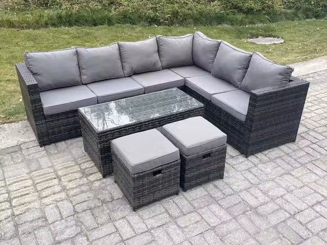 Fimous 8 Seater Rattan Corner Sofa Lounge Set with Rectangular Coffee Table and 2 Stools, Right Hand, Dark Grey