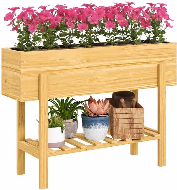 Kelvenix Wooden Raised Bed with Bed Liner in Brown, W/D/H: 100 x 70.5 x 35 cm